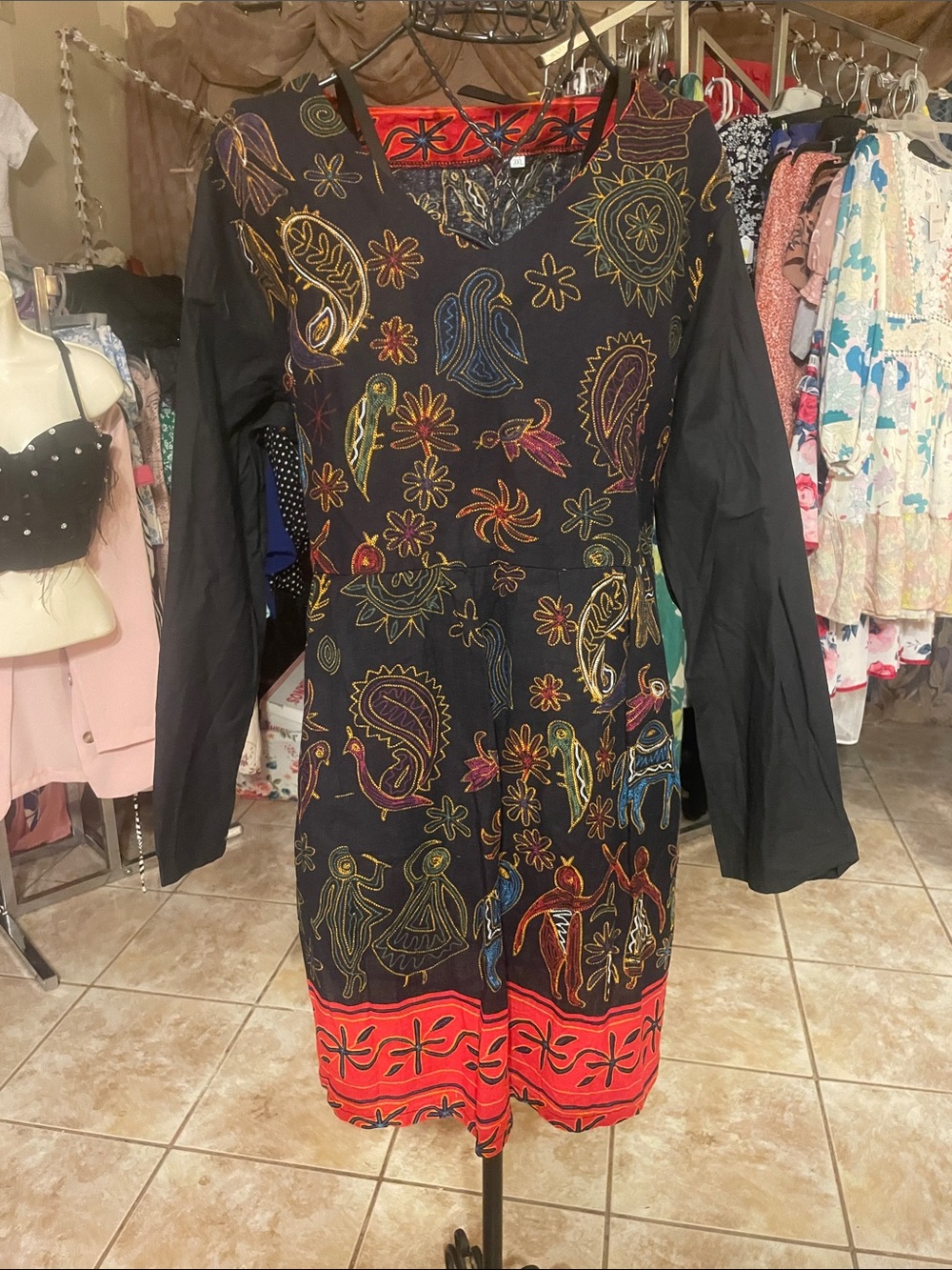 Embroidered Black Long-Sleeve Midi Dress with Red Hem
